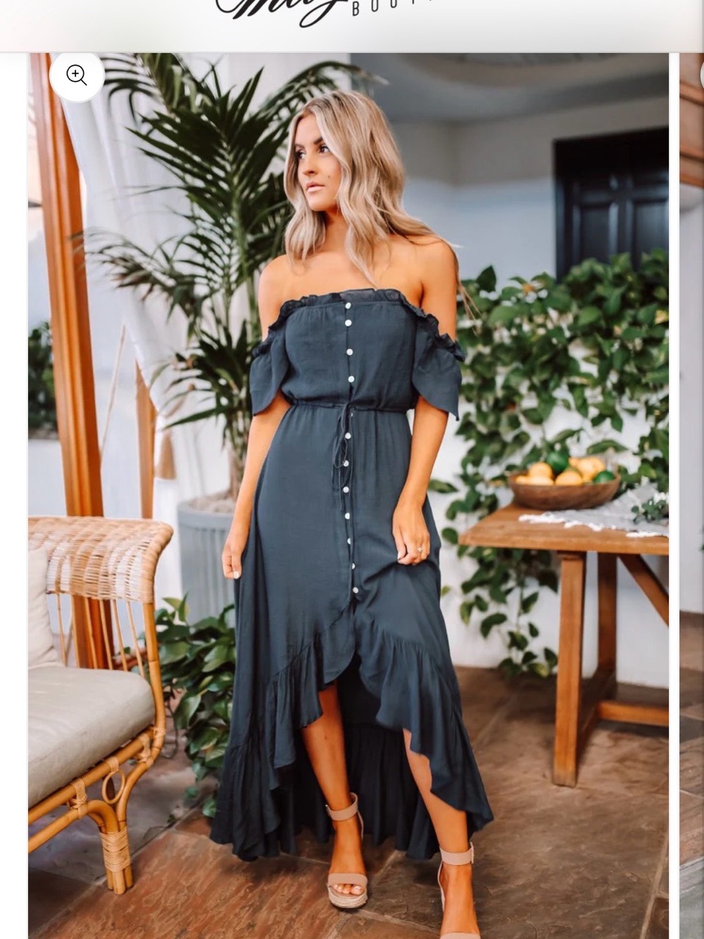 Off-Shoulder Ruffle High-Low Maxi Dress in Dark Blue